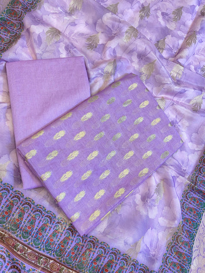 Purple Pure Mercerise Silk Chunri Zari Booti with Digital Print Dupatta Banarasi 3 pcs Suit Set 11IM_CS48