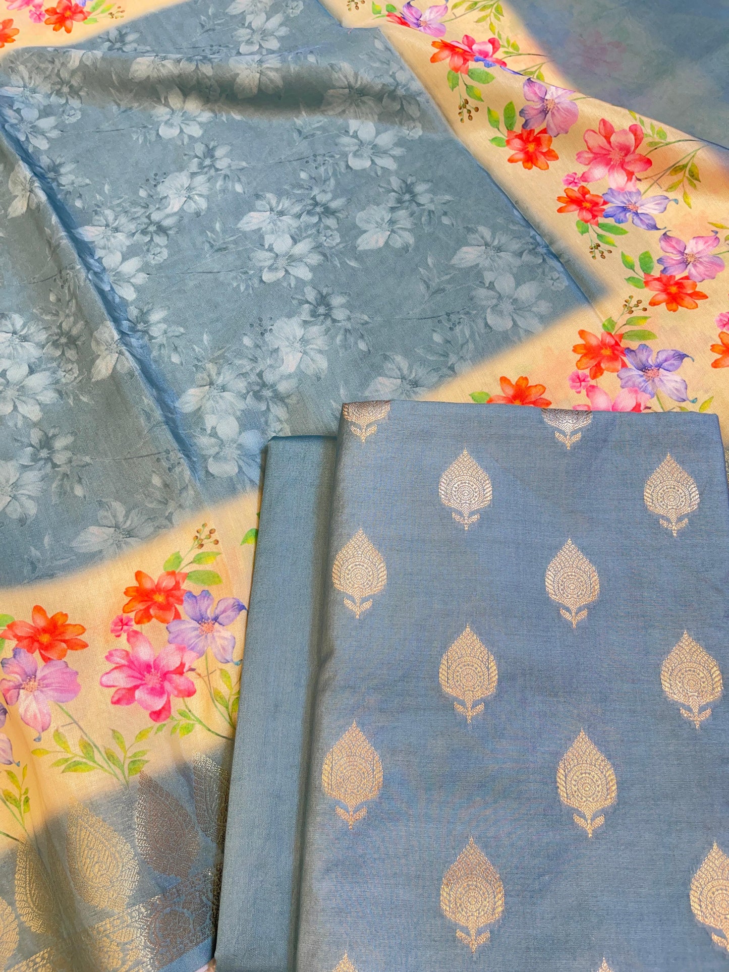 Blue Cotton Silk Dyable Floral Zari Booti with Digital Print Dupatta Banarasi 3 pcs Suit Set 11IM_DCS1