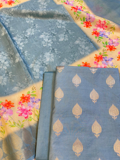 Blue Cotton Silk Dyable Floral Zari Booti with Digital Print Dupatta Banarasi 3 pcs Suit Set 11IM_DCS1