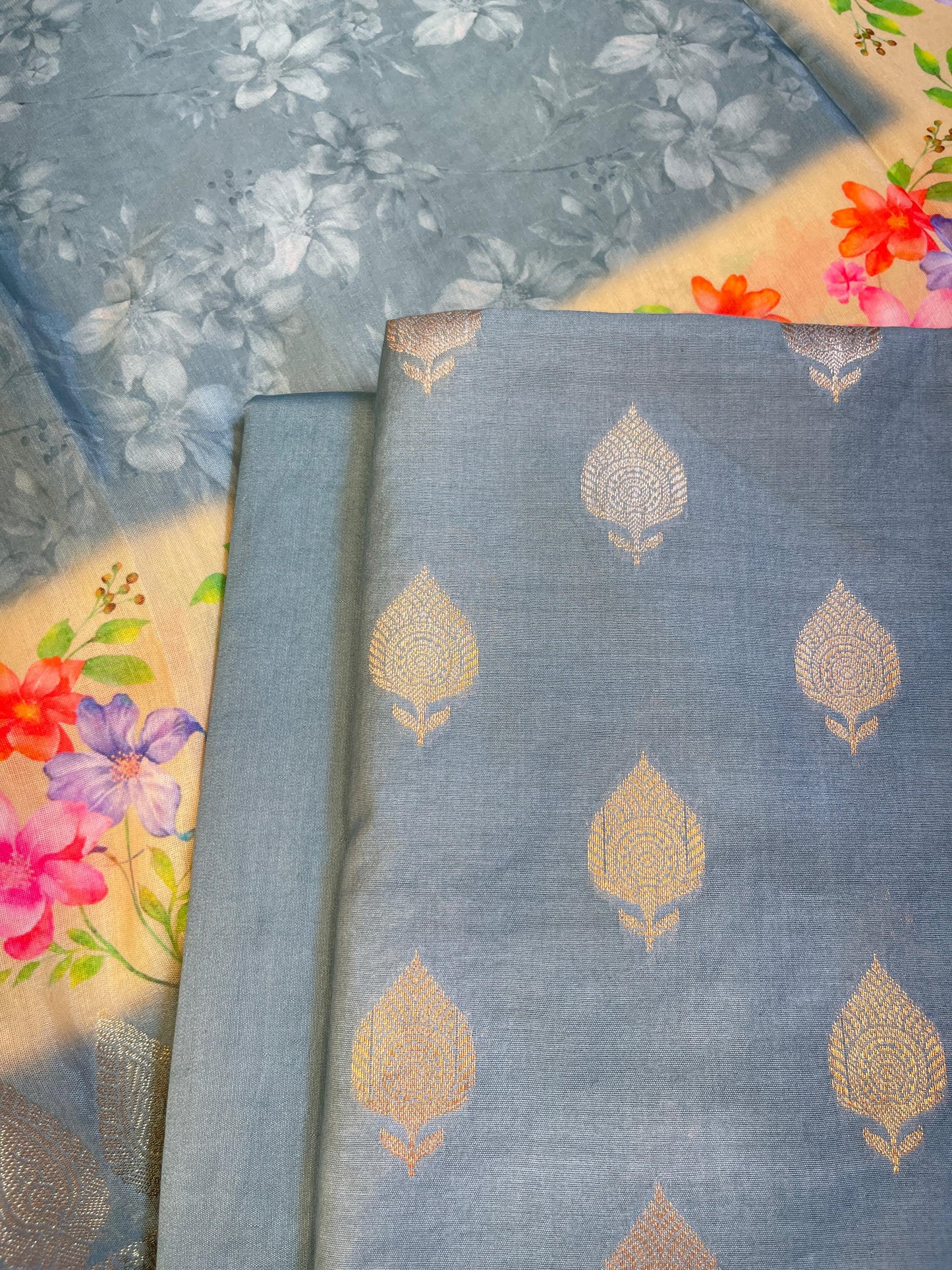 Blue Cotton Silk Dyable Floral Zari Booti with Digital Print Dupatta Banarasi 3 pcs Suit Set 11IM_DCS1