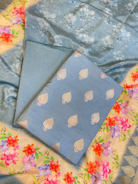 Blue Cotton Silk Dyable Floral Zari Booti with Digital Print Dupatta Banarasi 3 pcs Suit Set 11IM_DCS1