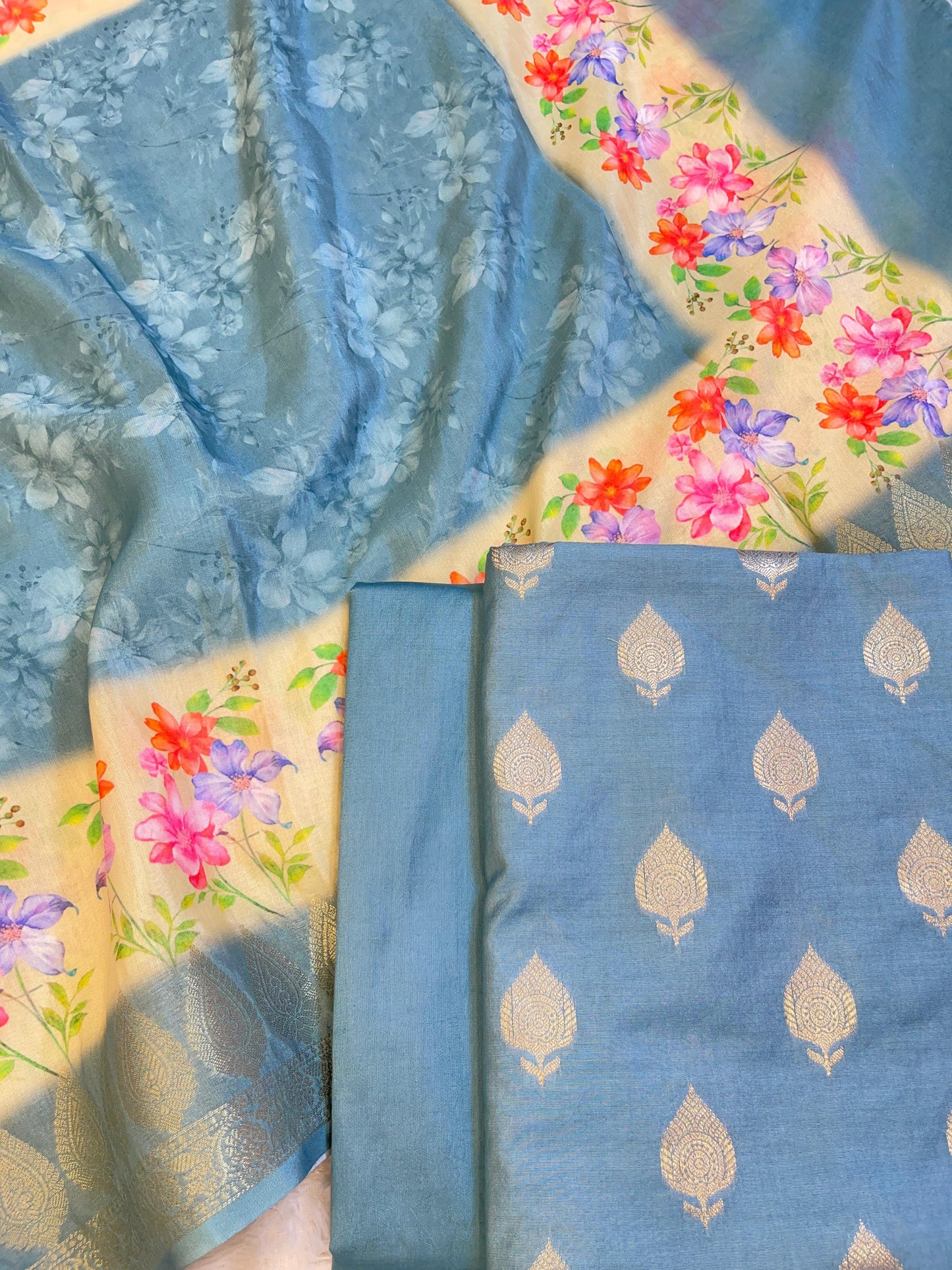 Blue Cotton Silk Dyable Floral Zari Booti with Digital Print Dupatta Banarasi 3 pcs Suit Set 11IM_DCS1