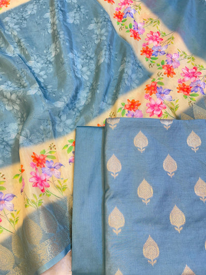 Blue Cotton Silk Dyable Floral Zari Booti with Digital Print Dupatta Banarasi 3 pcs Suit Set 11IM_DCS1