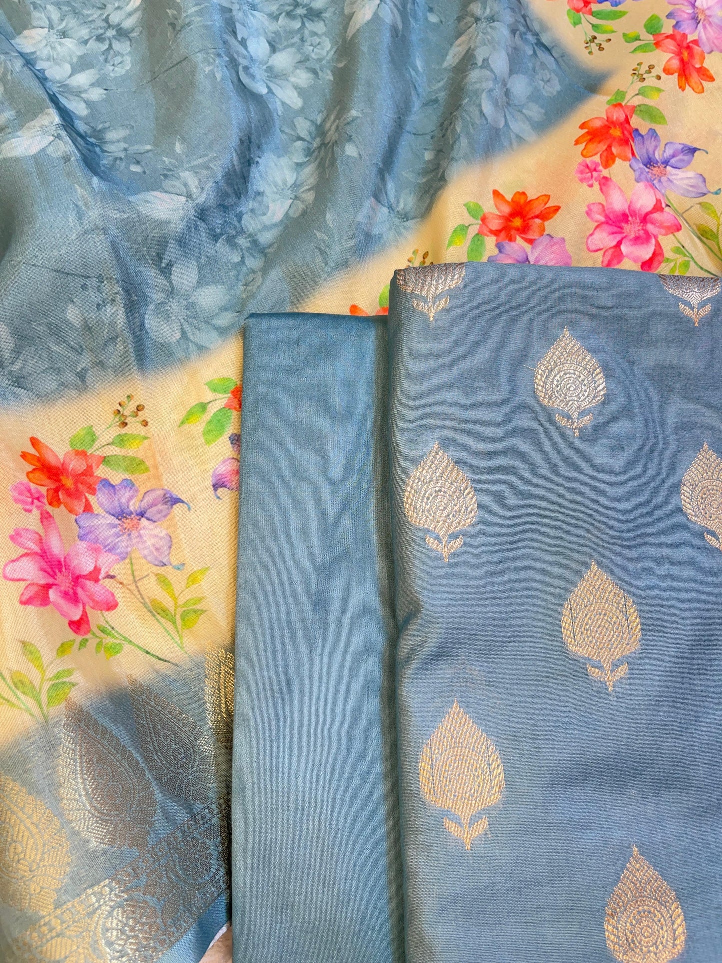 Blue Cotton Silk Dyable Floral Zari Booti with Digital Print Dupatta Banarasi 3 pcs Suit Set 11IM_DCS1