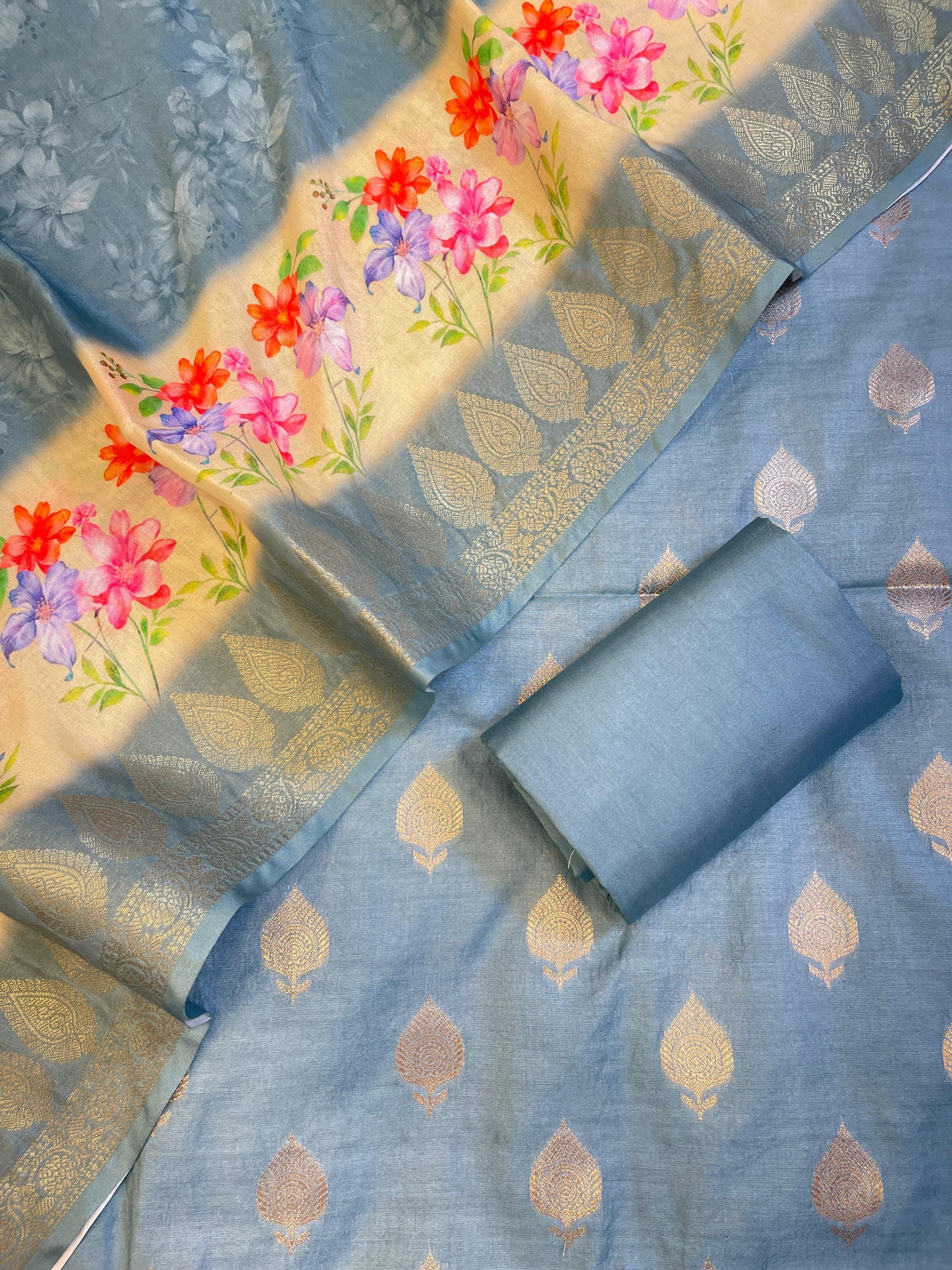 Blue Cotton Silk Dyable Floral Zari Booti with Digital Print Dupatta Banarasi 3 pcs Suit Set 11IM_DCS1