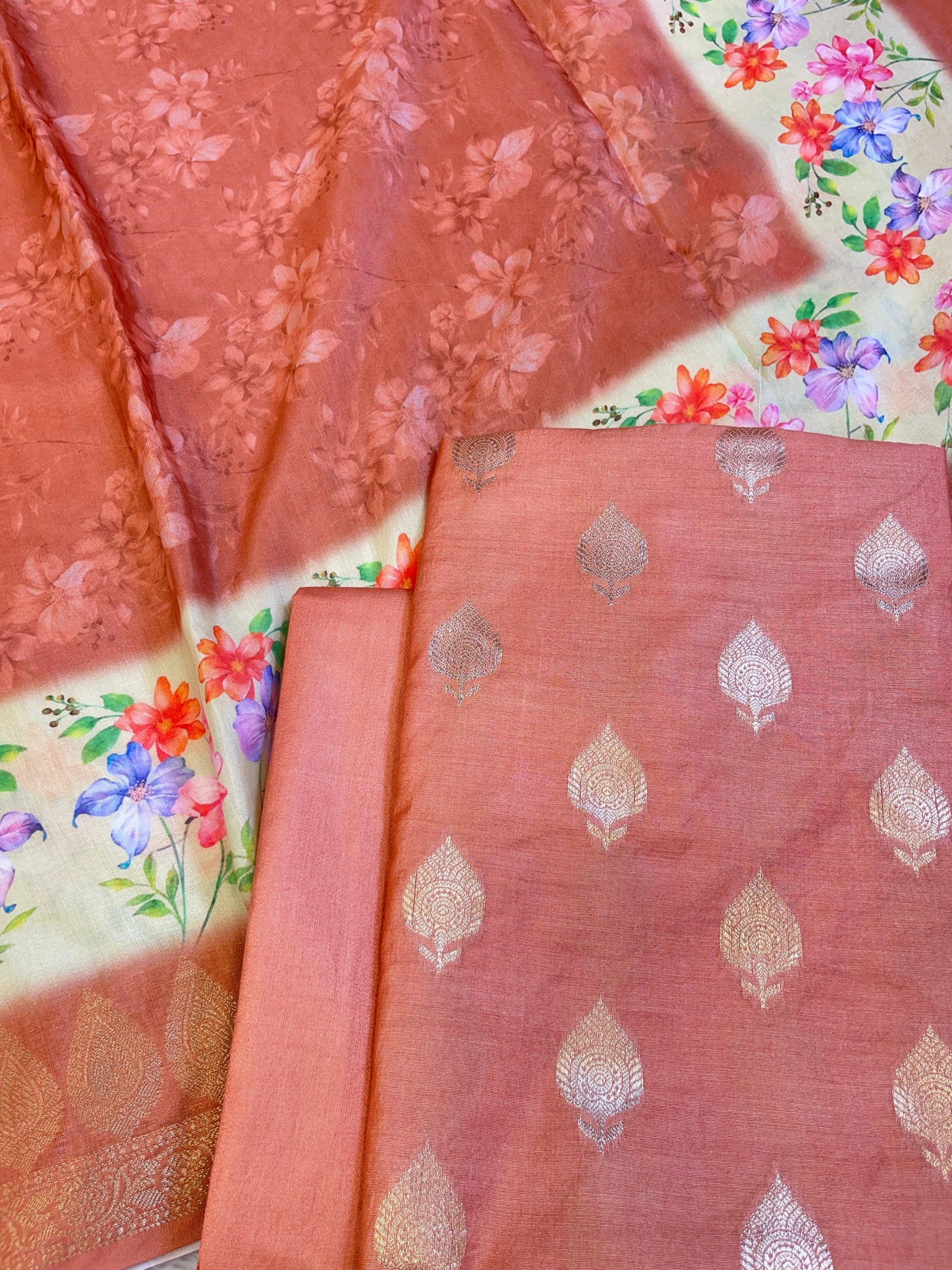 Peach Cotton Silk Dyable Floral Zari Booti with Digital Print Dupatta Banarasi 3 pcs Suit Set 11IM_DCS2
