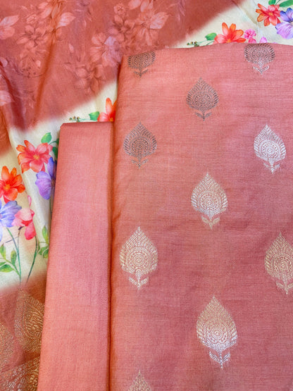 Peach Cotton Silk Dyable Floral Zari Booti with Digital Print Dupatta Banarasi 3 pcs Suit Set 11IM_DCS2