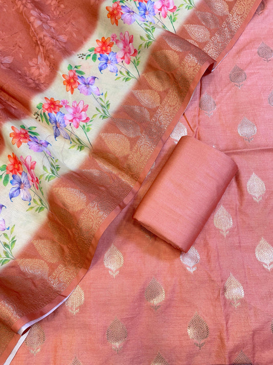 Peach Cotton Silk Dyable Floral Zari Booti with Digital Print Dupatta Banarasi 3 pcs Suit Set 11IM_DCS2