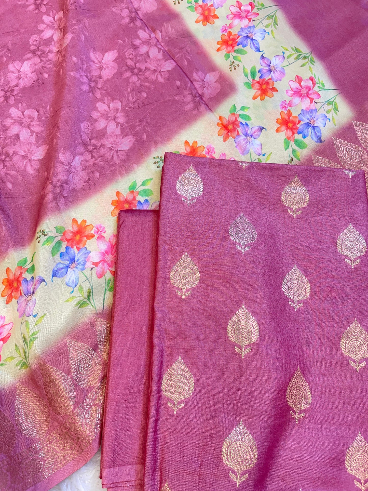 Purple Cotton Silk Dyable Floral Zari Booti with Digital Print Dupatta Banarasi 3 pcs Suit Set 11IM_DCS3