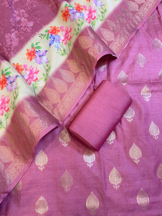 Purple Cotton Silk Dyable Floral Zari Booti with Digital Print Dupatta Banarasi 3 pcs Suit Set 11IM_DCS3