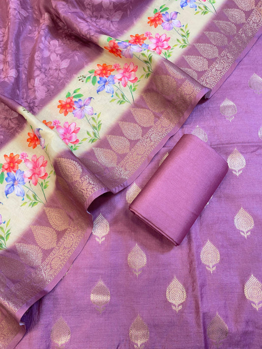 Light Purple Cotton Silk Dyable Floral Zari Booti with Digital Print Dupatta Banarasi 3 pcs Suit Set 11IM_DCS5
