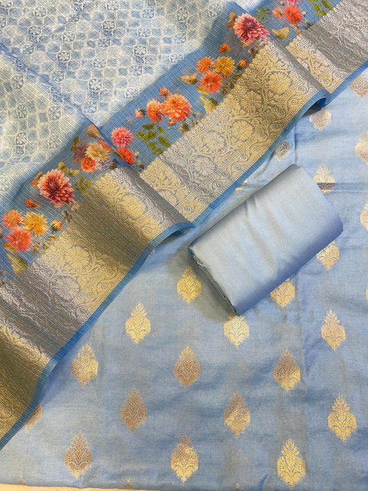 Blue Cotton Silk Dyable Floral Zari Booti with Digital Print Kota Check Dupatta Banarasi 3 pcs Suit Set 11IM_DCS6