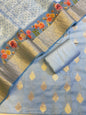 Blue Cotton Silk Dyable Floral Zari Booti with Digital Print Kota Check Dupatta Banarasi 3 pcs Suit Set 11IM_DCS6