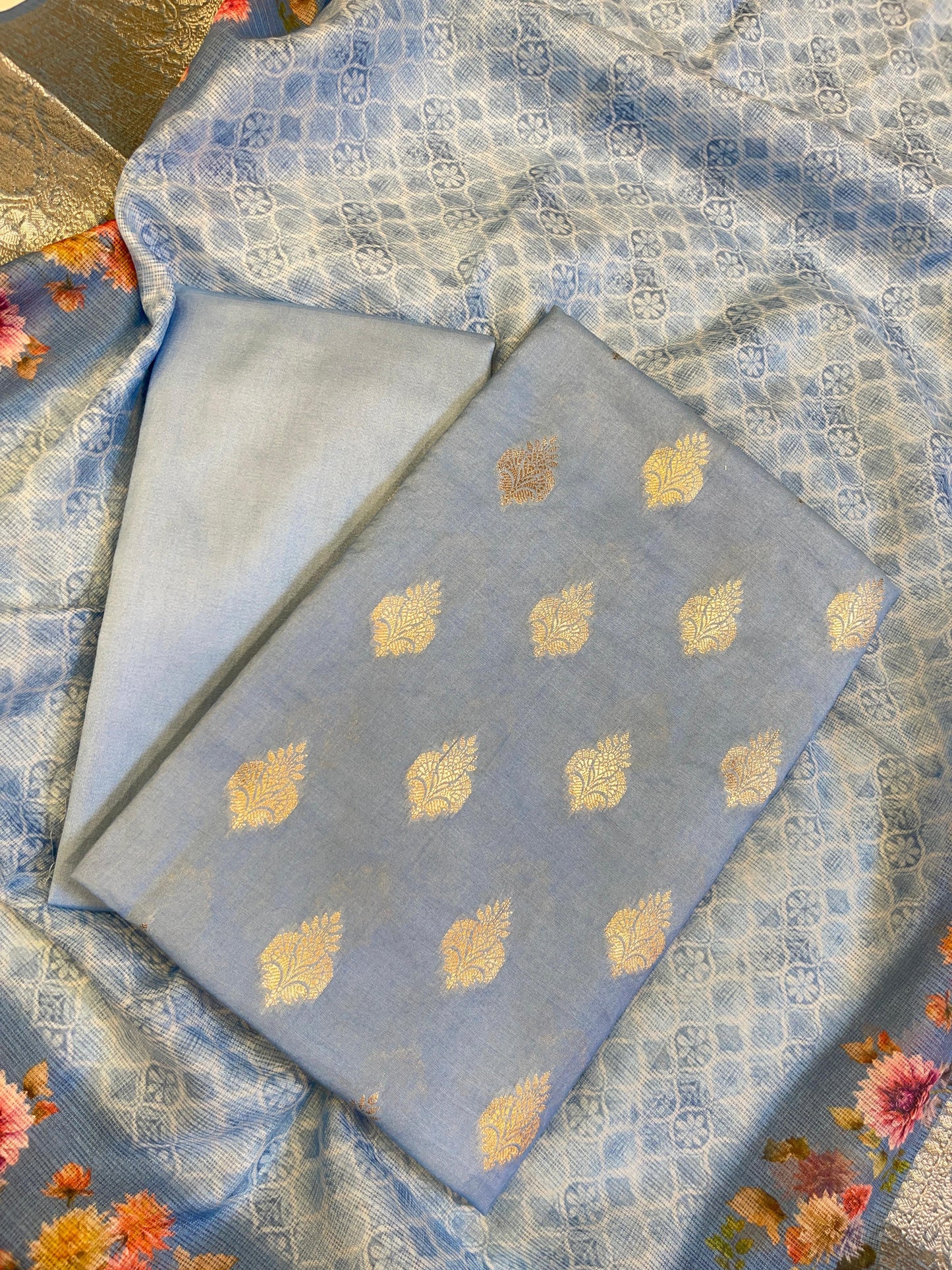 Blue Cotton Silk Dyable Floral Zari Booti with Digital Print Kota Check Dupatta Banarasi 3 pcs Suit Set 11IM_DCS6
