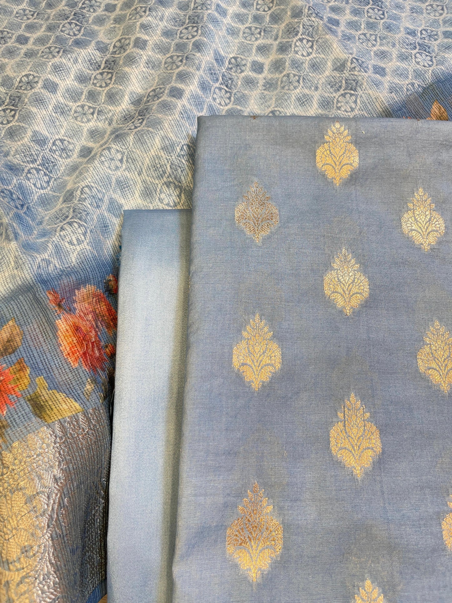 Blue Cotton Silk Dyable Floral Zari Booti with Digital Print Kota Check Dupatta Banarasi 3 pcs Suit Set 11IM_DCS6