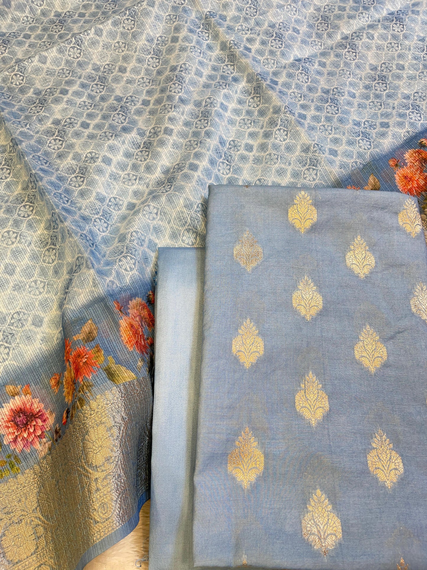 Blue Cotton Silk Dyable Floral Zari Booti with Digital Print Kota Check Dupatta Banarasi 3 pcs Suit Set 11IM_DCS6