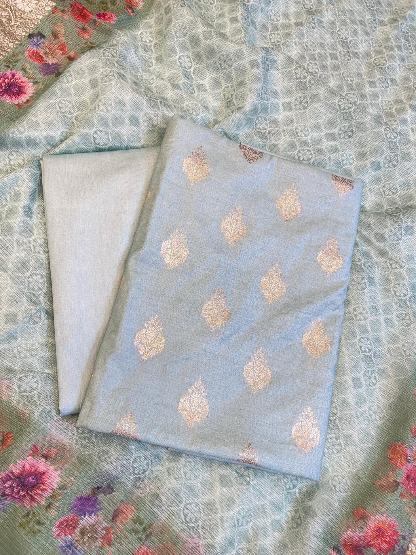 Green Cotton Silk Dyable Floral Zari Booti with Digital Print Kota Check Dupatta Banarasi 3 pcs Suit Set 11IM_DCS7