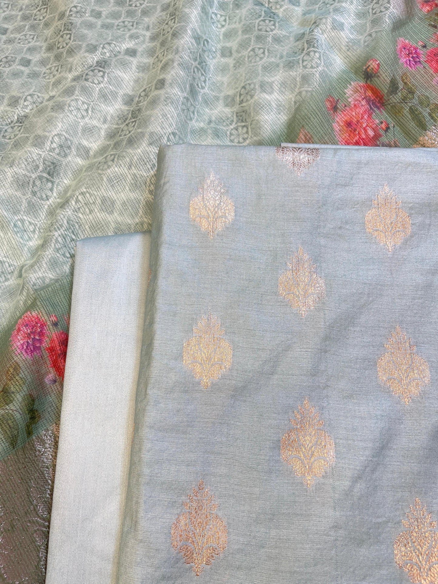 Green Cotton Silk Dyable Floral Zari Booti with Digital Print Kota Check Dupatta Banarasi 3 pcs Suit Set 11IM_DCS7