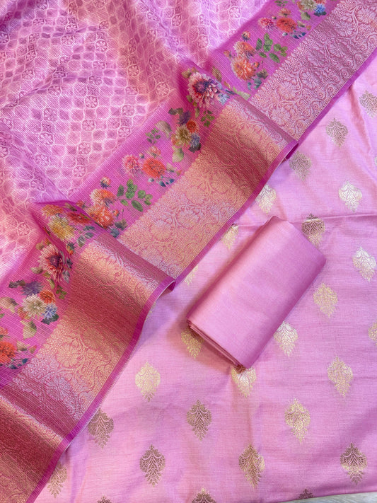 Pink Cotton Silk Dyable Floral Zari Booti with Digital Print Kota Check Dupatta Banarasi 3 pcs Suit Set 11IM_DCS8