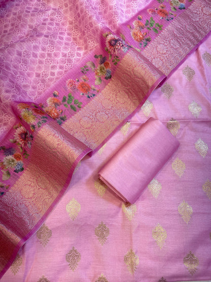 Pink Cotton Silk Dyable Floral Zari Booti with Digital Print Kota Check Dupatta Banarasi 3 pcs Suit Set 11IM_DCS8