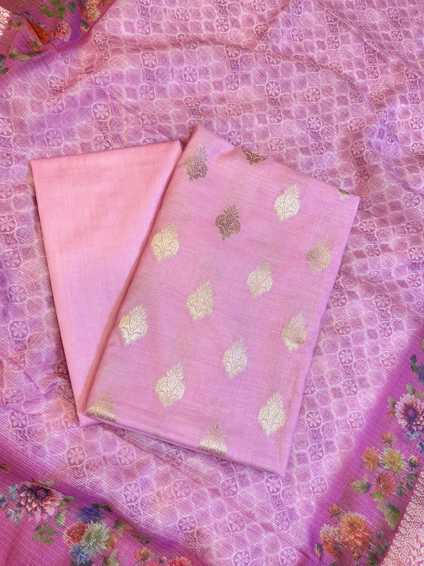 Pink Cotton Silk Dyable Floral Zari Booti with Digital Print Kota Check Dupatta Banarasi 3 pcs Suit Set 11IM_DCS8