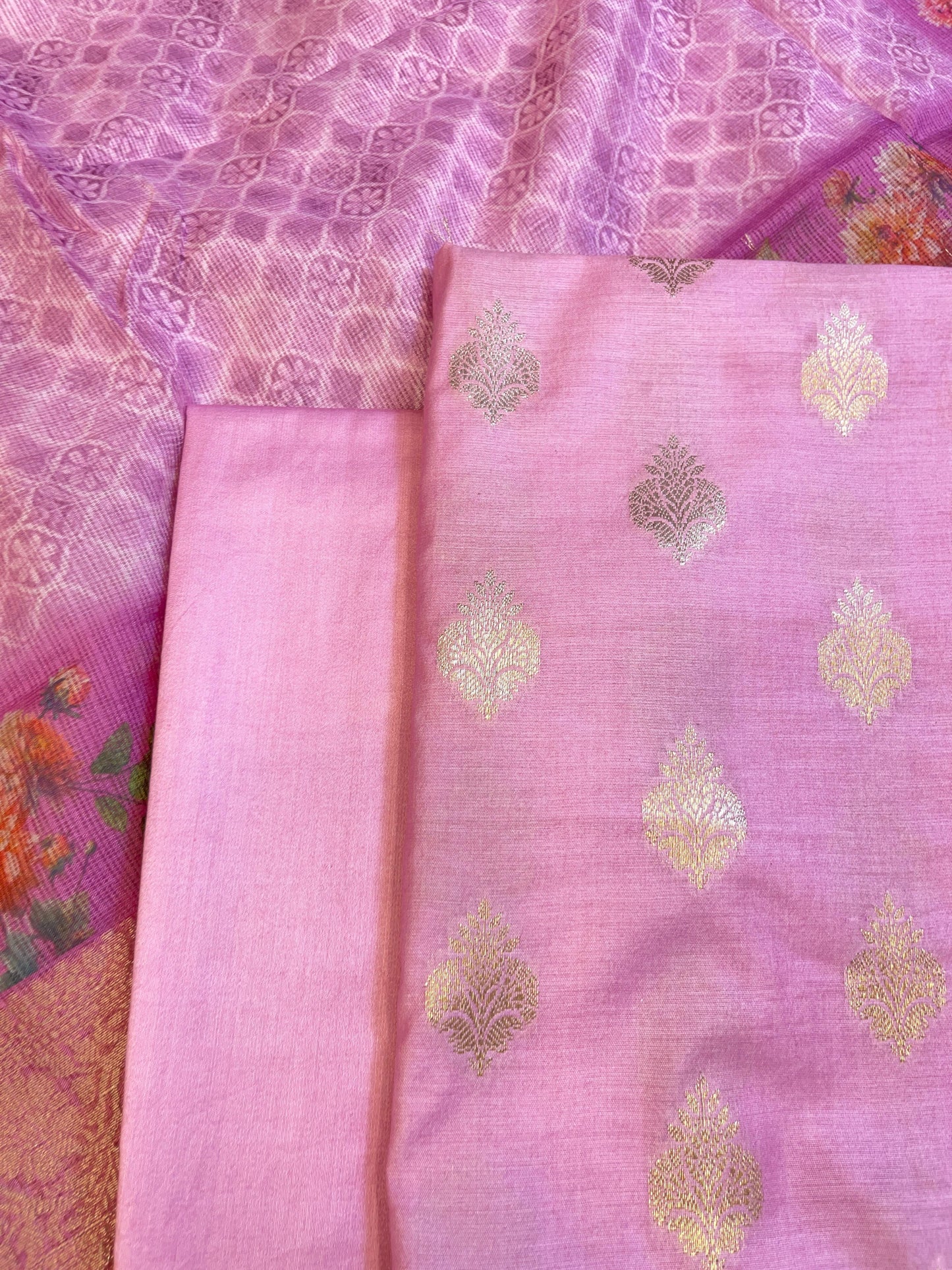 Pink Cotton Silk Dyable Floral Zari Booti with Digital Print Kota Check Dupatta Banarasi 3 pcs Suit Set 11IM_DCS8