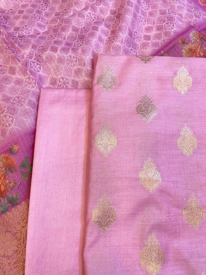 Pink Cotton Silk Dyable Floral Zari Booti with Digital Print Kota Check Dupatta Banarasi 3 pcs Suit Set 11IM_DCS8