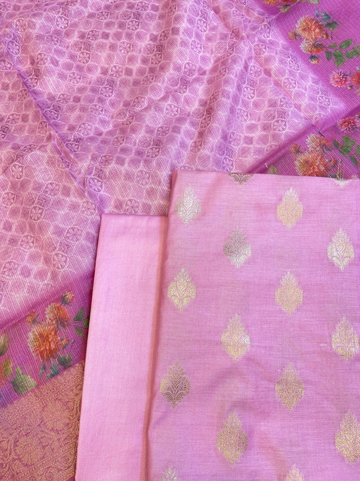 Pink Cotton Silk Dyable Floral Zari Booti with Digital Print Kota Check Dupatta Banarasi 3 pcs Suit Set 11IM_DCS8