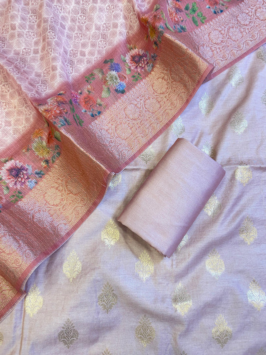 Mauve Cotton Silk Dyable Floral Zari Booti with Digital Print Kota Check Dupatta Banarasi 3 pcs Suit Set 11IM_DCS10