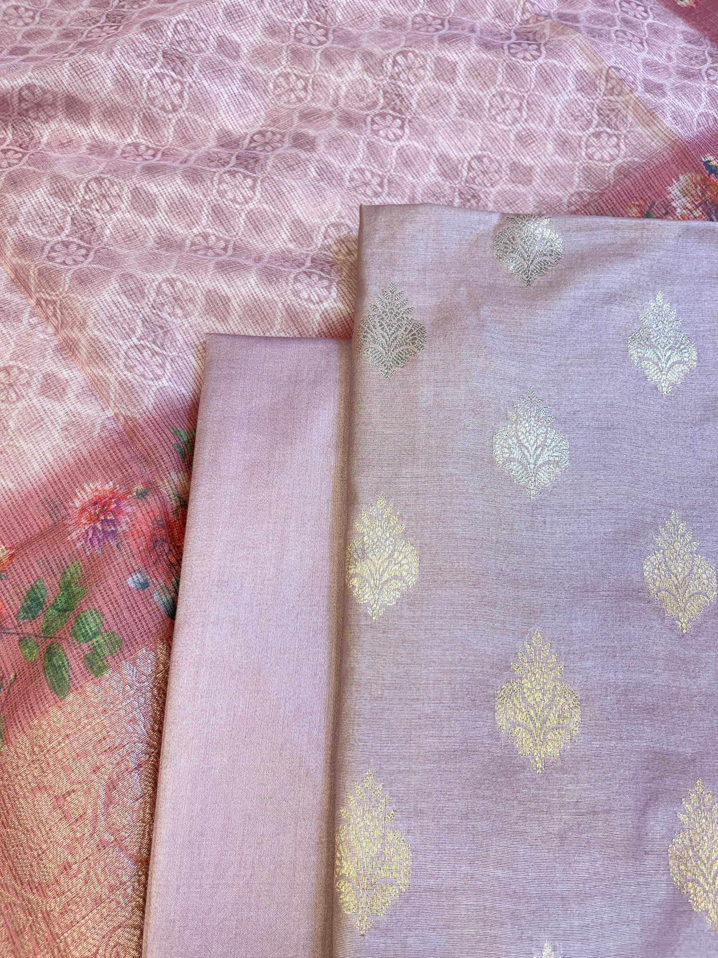 Mauve Cotton Silk Dyable Floral Zari Booti with Digital Print Kota Check Dupatta Banarasi 3 pcs Suit Set 11IM_DCS10