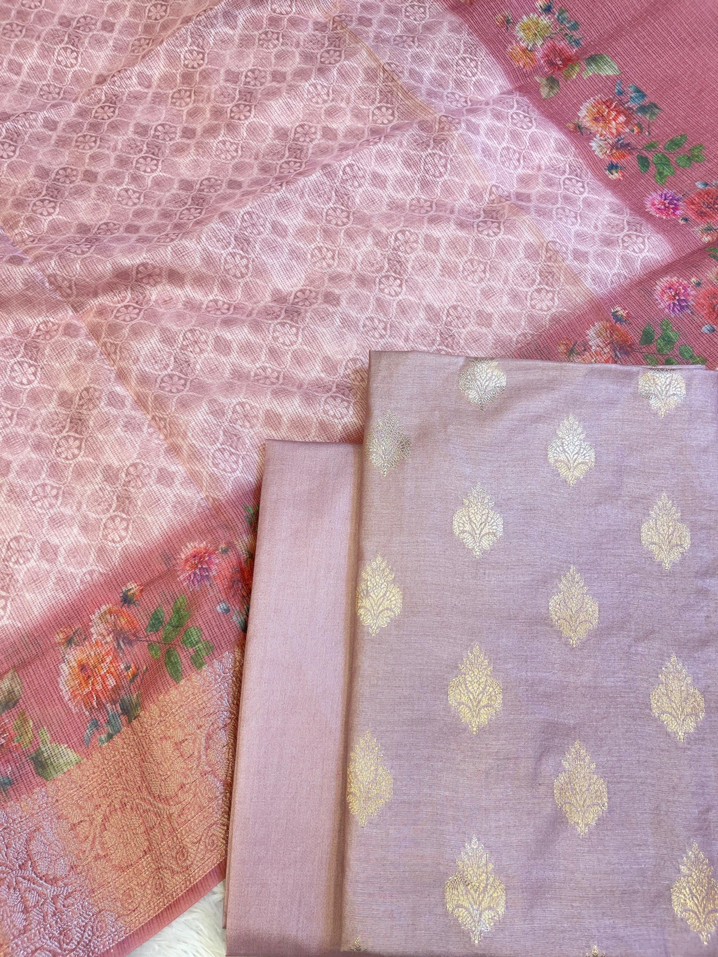 Mauve Cotton Silk Dyable Floral Zari Booti with Digital Print Kota Check Dupatta Banarasi 3 pcs Suit Set 11IM_DCS10