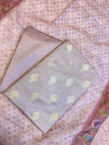Mauve Cotton Silk Dyable Floral Zari Booti with Digital Print Kota Check Dupatta Banarasi 3 pcs Suit Set 11IM_DCS10