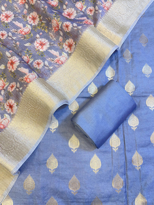 Seagreen Cotton Silk Dyable Floral Zari Booti with Digital Print Kota Check Dupatta Banarasi 3 pcs Suit Set 11IM_DCS12