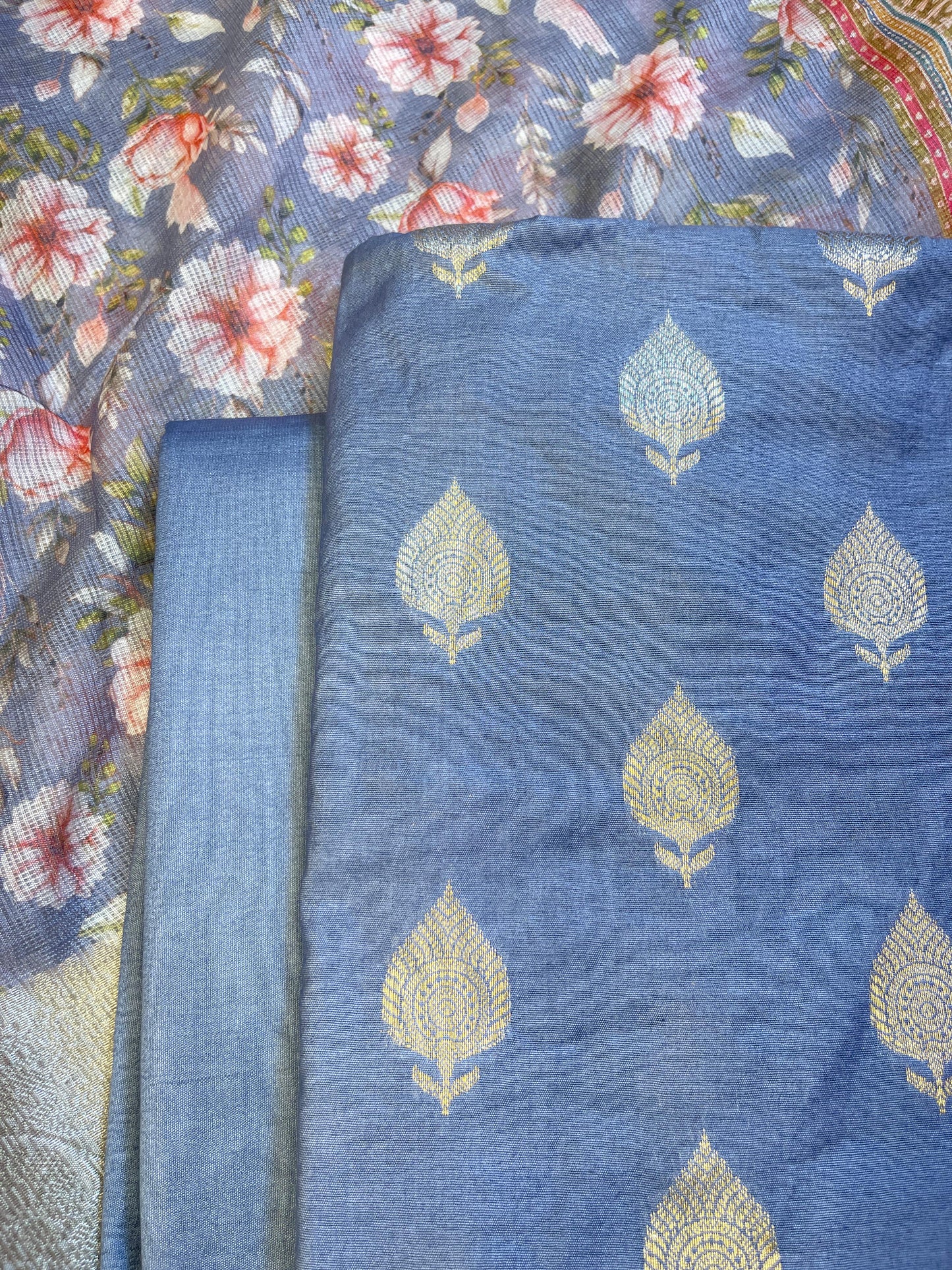 Seagreen Cotton Silk Dyable Floral Zari Booti with Digital Print Kota Check Dupatta Banarasi 3 pcs Suit Set 11IM_DCS12