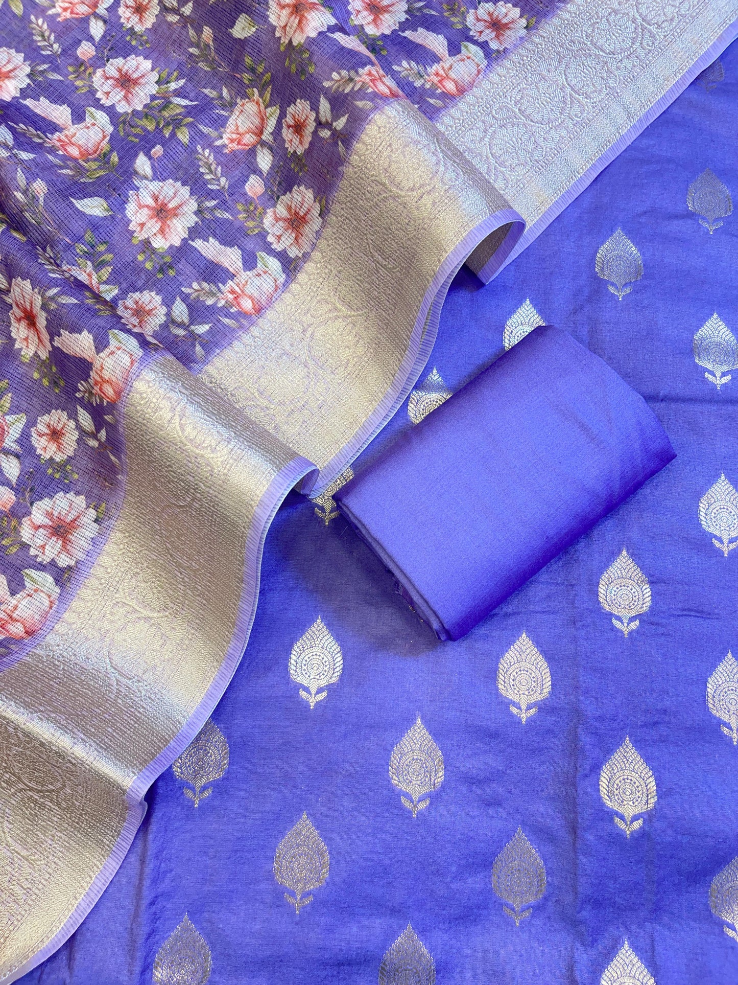 Violet Blue Cotton Silk Dyable Floral Zari Booti with Digital Print Kota Check Dupatta Banarasi 3 pcs Suit Set 11IM_DCS13