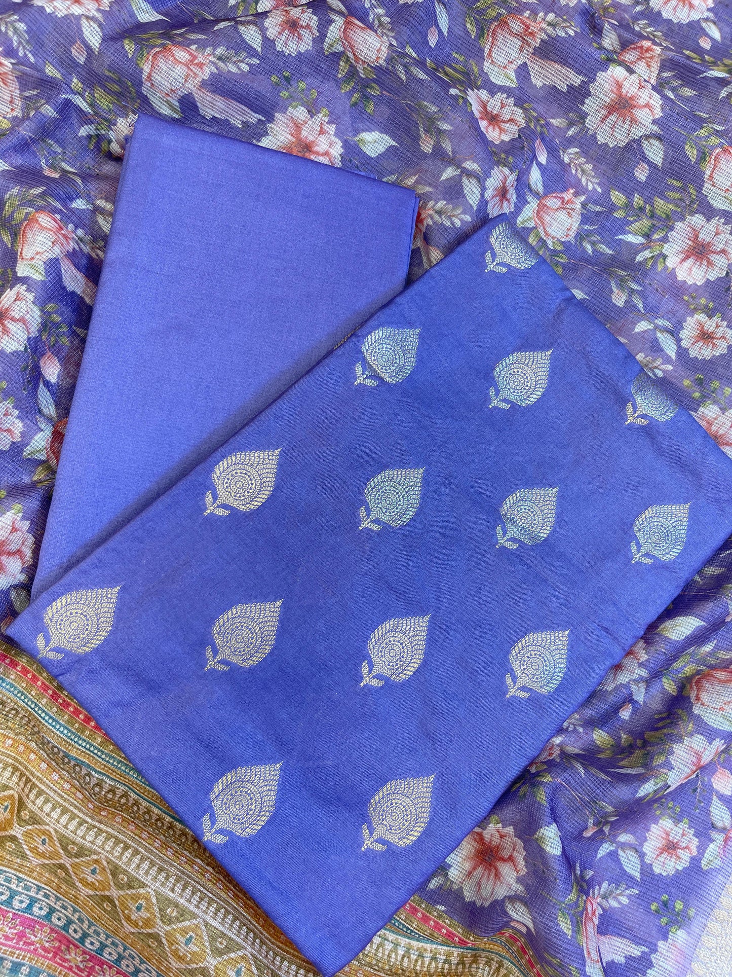 Violet Blue Cotton Silk Dyable Floral Zari Booti with Digital Print Kota Check Dupatta Banarasi 3 pcs Suit Set 11IM_DCS13