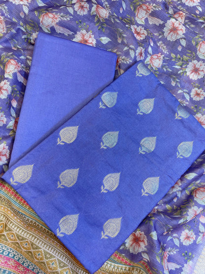 Violet Blue Cotton Silk Dyable Floral Zari Booti with Digital Print Kota Check Dupatta Banarasi 3 pcs Suit Set 11IM_DCS13