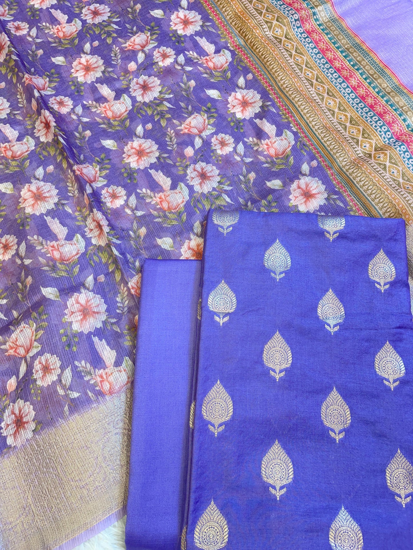 Violet Blue Cotton Silk Dyable Floral Zari Booti with Digital Print Kota Check Dupatta Banarasi 3 pcs Suit Set 11IM_DCS13