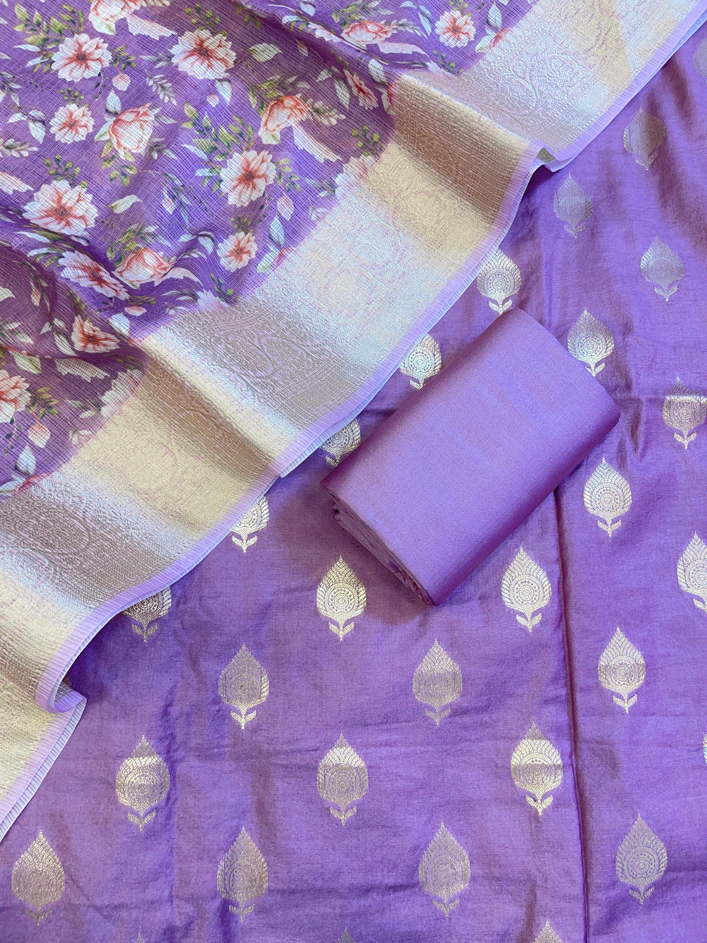 Purple Cotton Silk Dyable Floral Zari Booti with Digital Print Kota Check Dupatta Banarasi 3 pcs Suit Set 11IM_DCS14