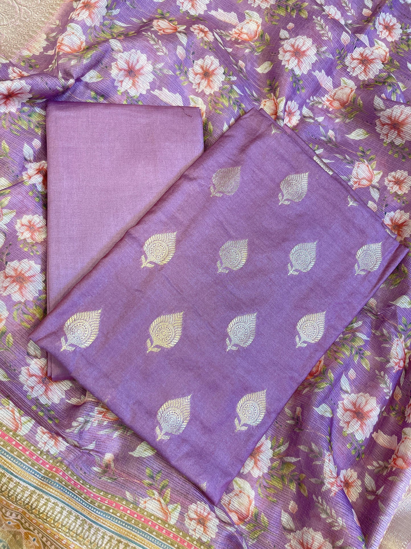 Purple Cotton Silk Dyable Floral Zari Booti with Digital Print Kota Check Dupatta Banarasi 3 pcs Suit Set 11IM_DCS14