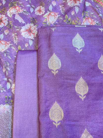 Purple Cotton Silk Dyable Floral Zari Booti with Digital Print Kota Check Dupatta Banarasi 3 pcs Suit Set 11IM_DCS14