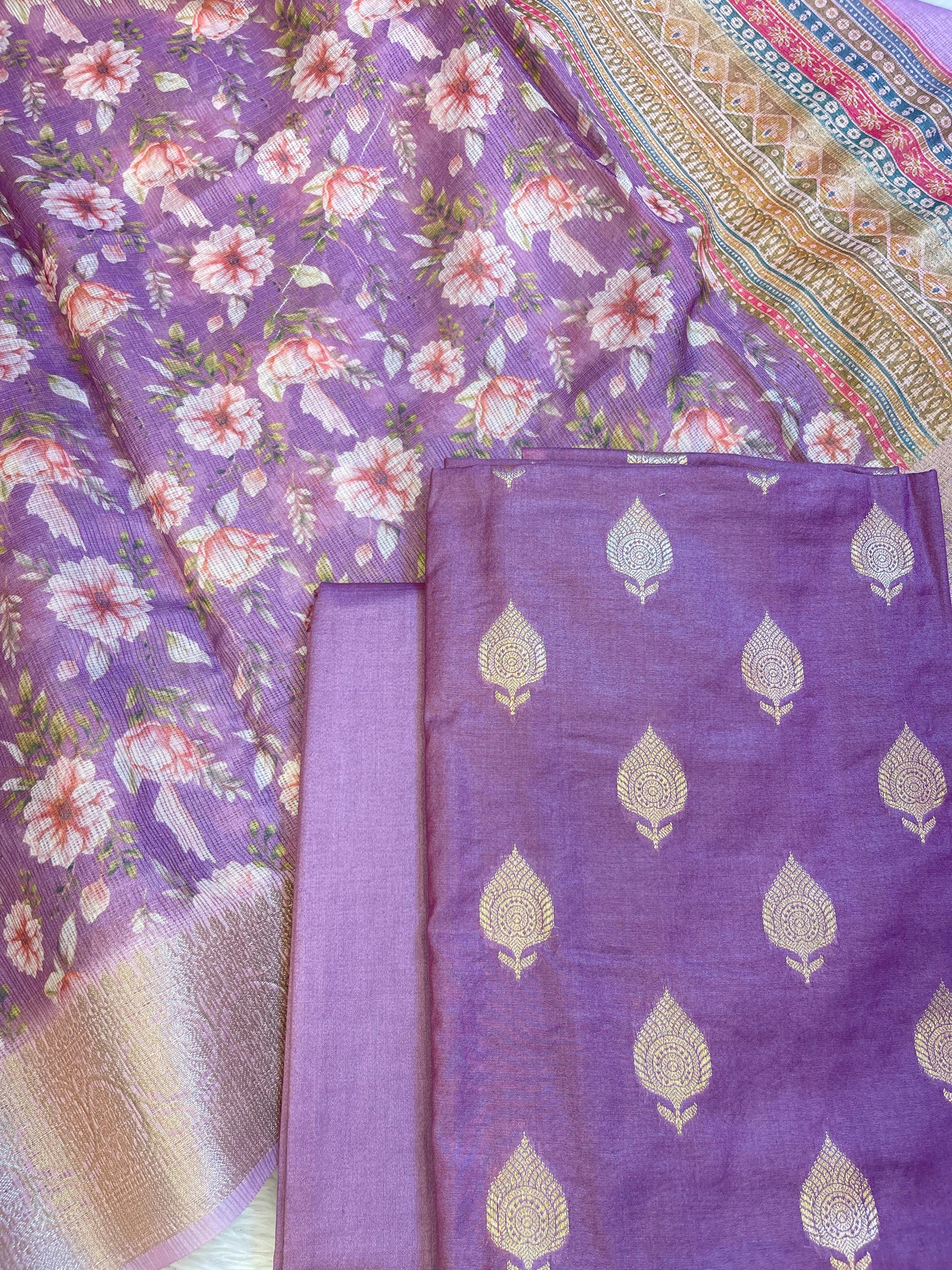 Purple Cotton Silk Dyable Floral Zari Booti with Digital Print Kota Check Dupatta Banarasi 3 pcs Suit Set 11IM_DCS14