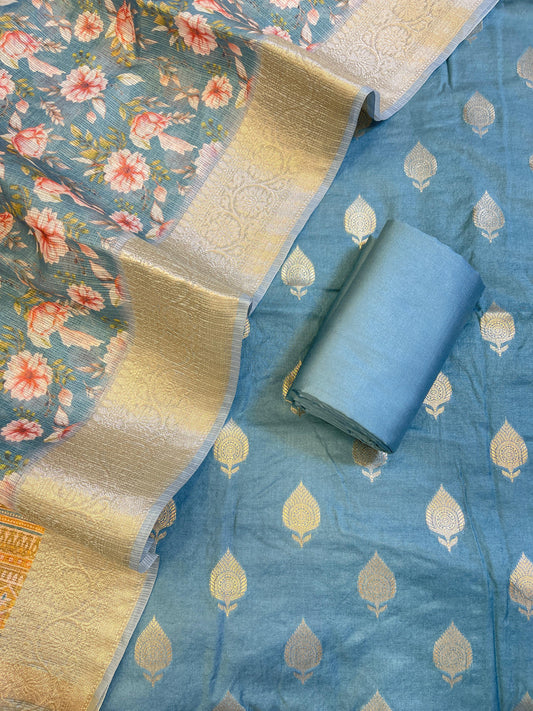 Grey Cotton Silk Dyable Floral Zari Booti with Digital Print Kota Check Dupatta Banarasi 3 pcs Suit Set 11IM_DCS15