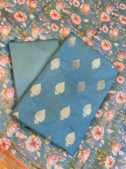 Grey Cotton Silk Dyable Floral Zari Booti with Digital Print Kota Check Dupatta Banarasi 3 pcs Suit Set 11IM_DCS15