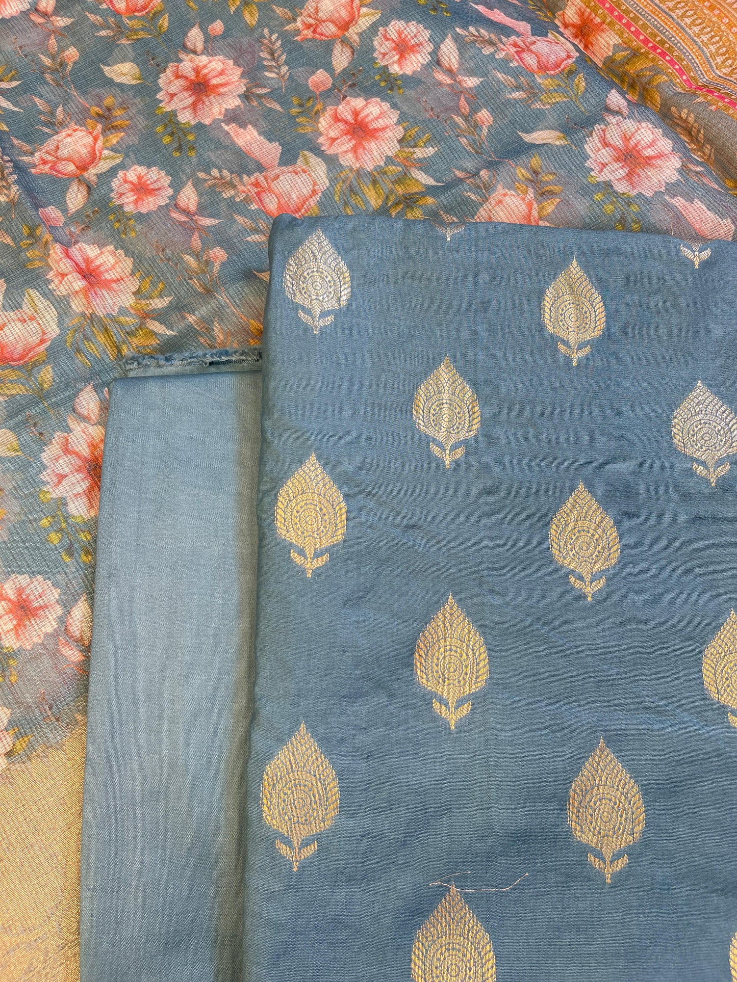 Grey Cotton Silk Dyable Floral Zari Booti with Digital Print Kota Check Dupatta Banarasi 3 pcs Suit Set 11IM_DCS15