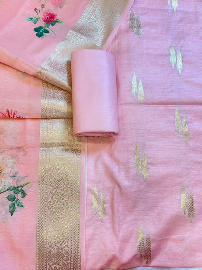 Peach Pure Mercerise Silk Floral Zari Dual Booti with Digital Print Dupatta Suit Set 1SKL_MP6