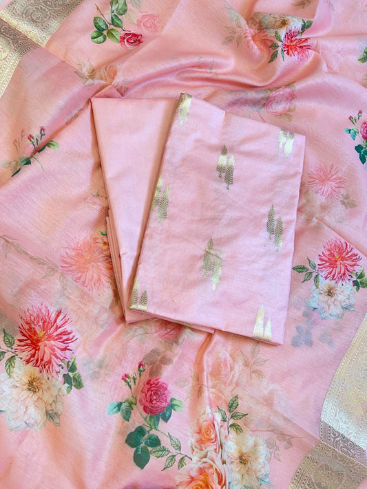Peach Pure Mercerise Silk Floral Zari Dual Booti with Digital Print Dupatta Suit Set 1SKL_MP6