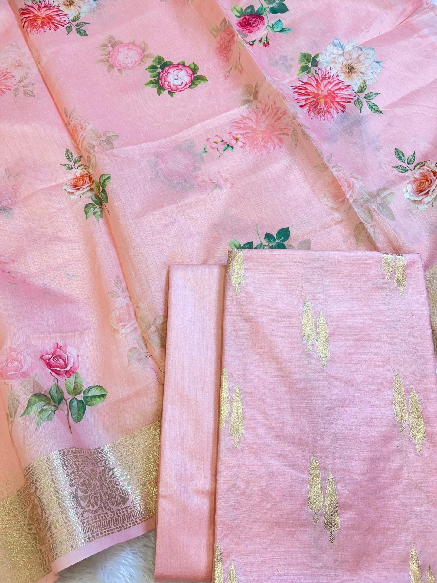 Peach Pure Mercerise Silk Floral Zari Dual Booti with Digital Print Dupatta Suit Set 1SKL_MP6