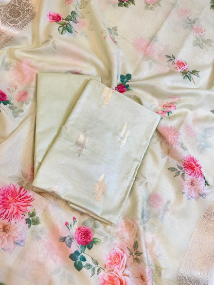 Tussar Pure Mercerise Silk Floral Zari Dual Booti with Digital Print Dupatta Suit Set 1SKL_MP7
