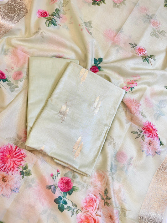 Tussar Pure Mercerise Silk Floral Zari Dual Booti with Digital Print Dupatta Suit Set 1SKL_MP7